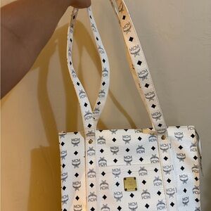 MCM White and Black Logo Tote